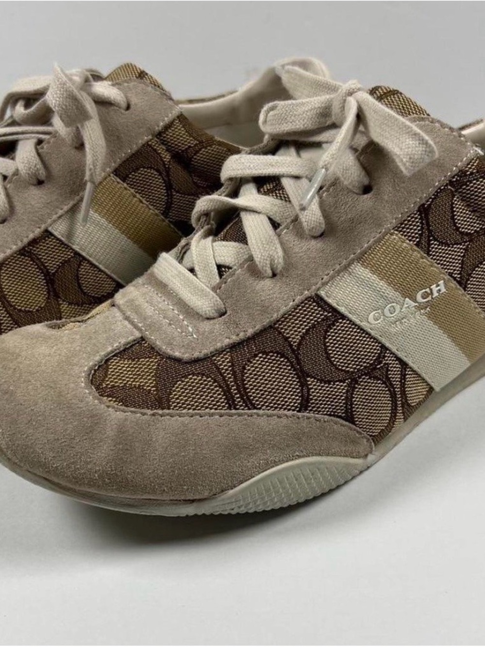 Coach Kids Taupe & Brown Logo Suede Sneakers